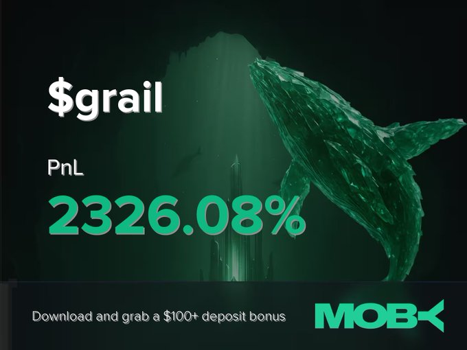 The image features an advertisement for a cryptocurrency called "grail". The advertisement includes a graphic of a whale, which is a symbol often associated with the cryptocurrency. It also displays text that reads "Win Alert A trader on Moby Mobile just closed a position of $grail with a PnL of +232.08%." This suggests that someone has recently invested in grail and made a profit from it. The advertisement also includes information about a mobile app called "Mobi" and offers a free download for 100% deposit bonus.