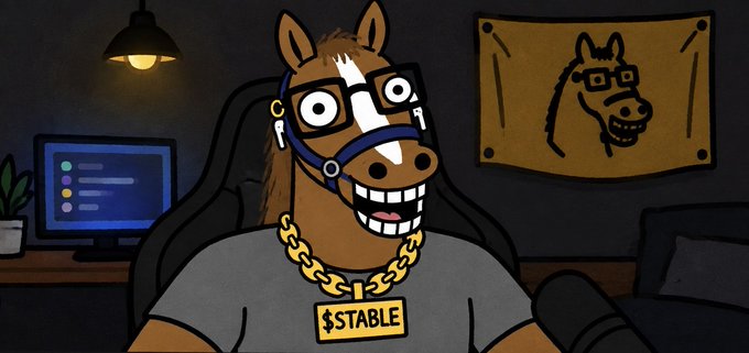 An animated illustration depicts a horse wearing glasses and a gold chain with a '$TABLE' pendant sitting at a computer desk, with a portrait of itself hanging on the wall.