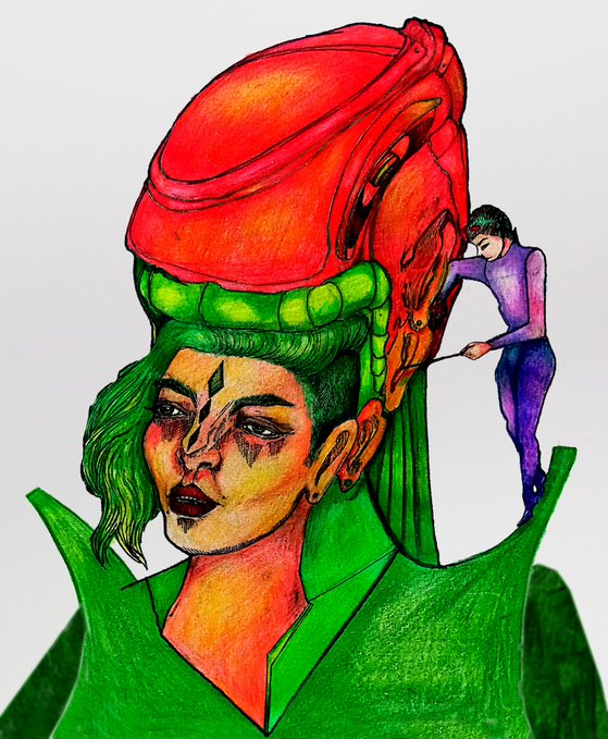 A colorful, stylized illustration of a person with green hair and dramatic makeup, wearing a large red headpiece and a green outfit, with a small figure in purple appearing to paint or work on the headpiece.