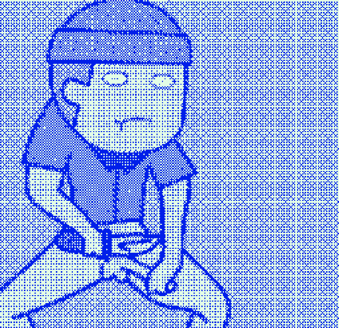 A blue and white halftone pixel art portrait of a person wearing a cap and dark shirt, holding an object in their hands, serving as a stylized, retro video game-themed submission entry for the #derpetual contest.