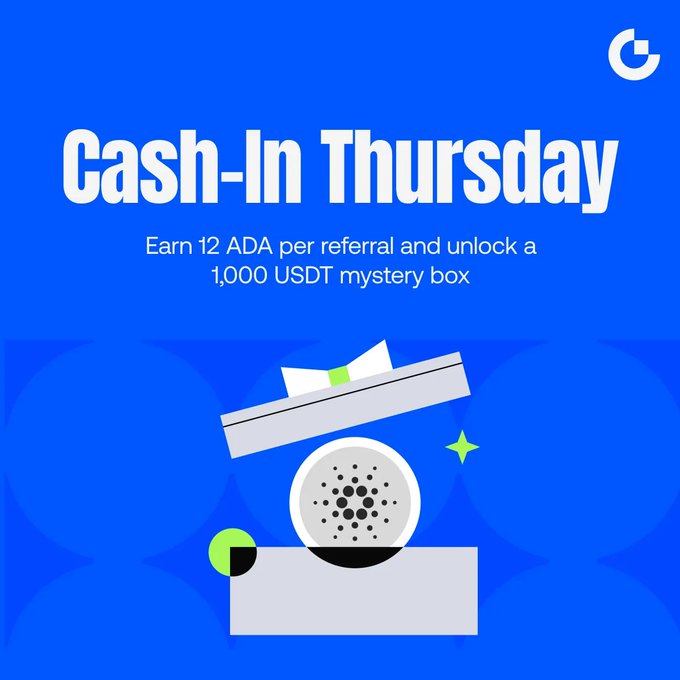 The image features an advertisement for a cash-in Thursday event, with a blue background and white text. The main visual element of the ad is a gift box containing a small black and white crystal ball, symbolizing the concept of "recompensas de Cash-In Thursday". The text in the image reads "Cash-In Thursday" and "Emp 12 ADA per referral and Unlock a 1000 USDT mystery box", indicating that participants can earn 12 ADA for every referral they make to the cash-in event, and they will receive a 1000 USDT mystery box as a reward.