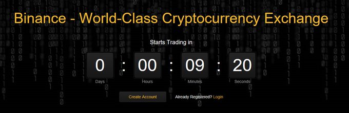 A Binance cryptocurrency exchange landing page banner announcing 'Starts Trading in' with a countdown timer showing 0 days, 00 hours, 09 minutes, and 20 seconds.