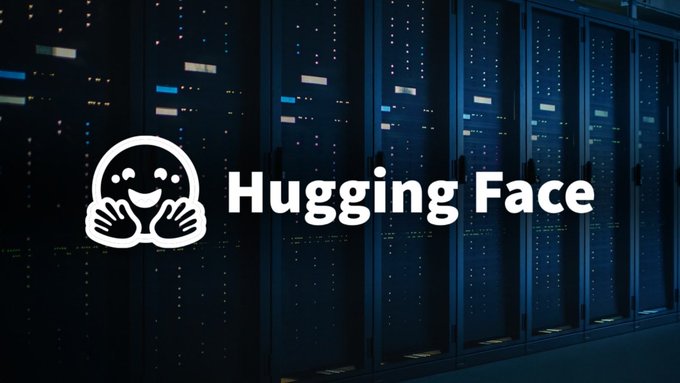 The white Hugging Face logo, depicting a smiling emoji with hugging hands, appears over a dark blue background showing a server rack with glowing lights.