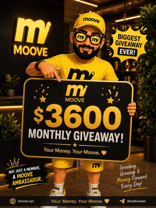 The image features a cartoon man wearing sunglasses standing next to a sign with the text "MOVE" written on it, as well as the words "Big News for the Moove Community Moove keeps getting bigger and better! The monthly giveaway prize pool has now increased from $2,700 to $3,600 giving the community even more opportunities to earn rewards and stay active in the ecosystem". The man is holding a sign with numbers on it.