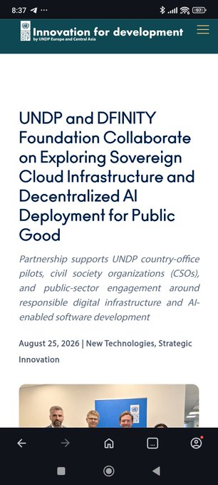 A mobile screenshot of a UNDP article titled 'UNDP and DFINITY Foundation Collaborate on Exploring Sovereign Cloud Infrastructure and Decentralized AI Deployment for Public Good', dated August 25, 2026.