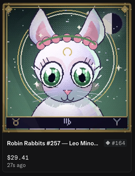 A digital art NFT titled "Robin Rabbits #257 — Leo Mino..." priced at $29.41, featuring a white cat with a crescent moon on its forehead and pink flower crown against a starry green background with zodiac symbols.