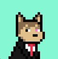 A small pixel art character of a cat wearing a suit and red tie on a green background.