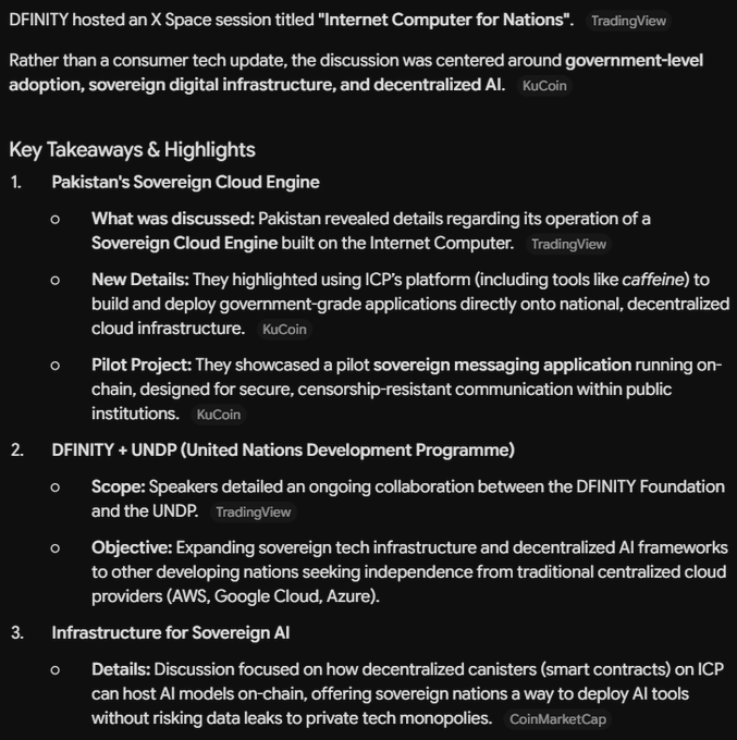 A text summary about DFINITY hosting an X Space session titled 'Internet Computer for Nations,' detailing key takeaways including Pakistan's Sovereign Cloud Engine, DFINITY + UNDP collaboration, and infrastructure for Sovereign AI on the Internet Computer Protocol (ICP).