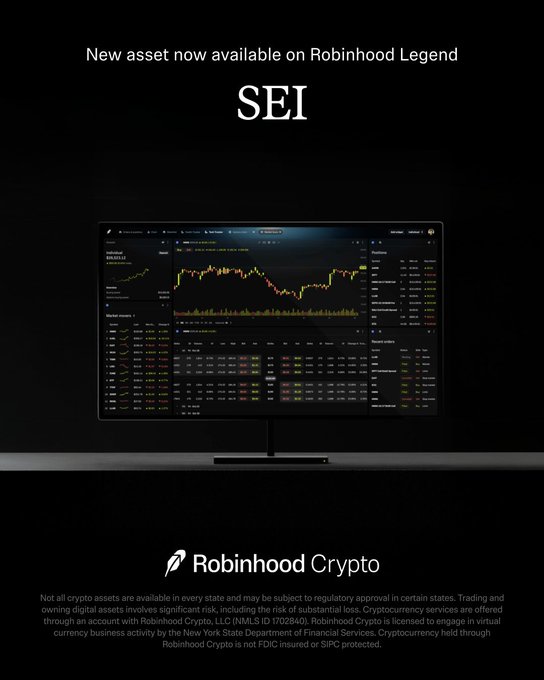 In the image, a monitor with a stock chart displaying various stock options on it is prominently placed against a black background. Below this screen, there is text that reads "New asset now available on Robinhood Legend", which indicates that a new asset has been added to the platform for trading purposes.