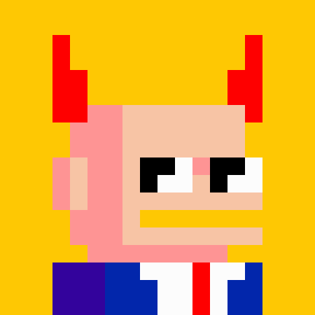 A pixel art character with red horns, a pale face, and a colorful body rendered in a mirrored, blocky style against a yellow background, visually demonstrating the "Shielded" NFT concept where only the left half is drawn and the right half reflects it as a mirror copy.