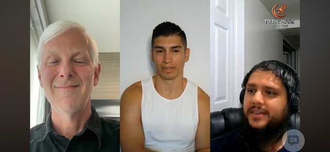 A three-person video call shows two men smiling warmly while a bearded man in headphones speaks. The “TO THE MOON” logo appears in the upper right, reflecting the post’s bittersweet moment as the speaker says goodbye to his mentor while affirming, “I will remain in BTC.”