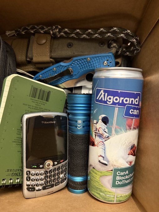A cardboard box containing various items including a vintage BlackBerry phone, a green notebook, a blue folding knife, paracord, and an Algorand-branded can advertising 'CanA Blockchain' and 'DoThat.co'.