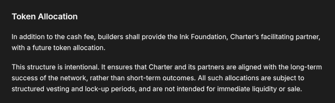 A text excerpt on a black background titled 'Token Allocation' discussing how builders shall provide the Ink Foundation with a future token allocation, subject to structured vesting and lock-up periods.