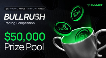 The image features a poster advertising Bull Rush trading competition with prizes. At the center of the advertisement, there's a silver cup or teapot that has a green top, symbolizing the trading pool for prizes. Surrounding this central object is a variety of coins and circles in different shapes and sizes, possibly representing various trading options available to participants. The image also highlights key information about the event: it takes place at 11:00 UTCTS/May 28, 2015 (9:59 UTCTS), and the prize pool contains $50,000 USDC.