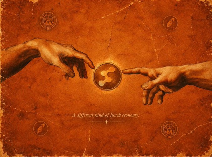 Artistic recreation of Michelangelo's 'Creation of Adam' with two hands reaching toward a central glowing Ripple (XRP) cryptocurrency logo, captioned 'A different kind of lunch economy.'