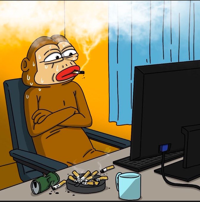 An illustration of a sweating, stressed monkey character sitting at a desk, smoking a cigarette, and staring at a computer monitor with an ashtray full of cigarette butts nearby.