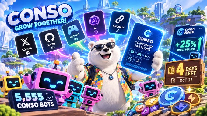 A promotional graphic for "CONSO - GROW TOGETHER!" features a sunglasses-wearing bear mascot surrounded by robot companions and feature icons (Social, Work, Gaming, AI, Onchain, Consumer Passport), highlighting stats like "5,555 CONSO BOTS," "+25% BOOST PER BOT," and a countdown of "4 DAYS LEFT - OCT 23," visually representing the NFT-based reputation and mobile node network described in the post.