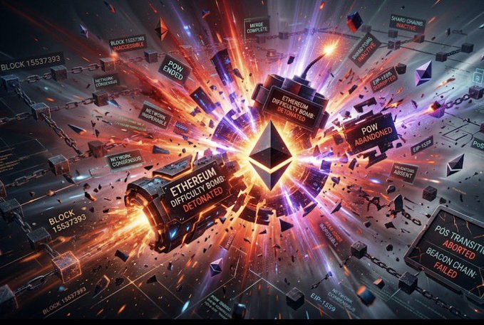 A dramatic digital illustration depicting an explosion centered around the Ethereum logo, with blockchain elements and text like 'ETHEREUM DIFFICULTY BOMB: DETONATED' visible.