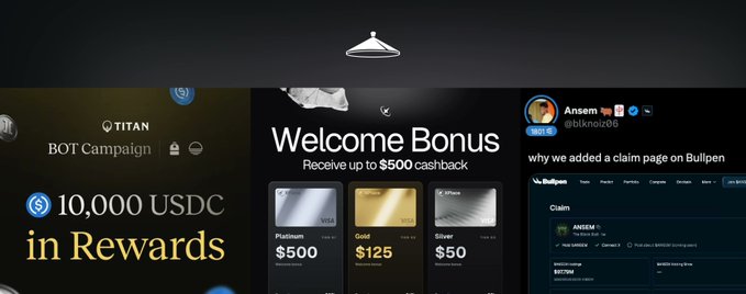 A promotional collage featuring Titan's $10,000 USDC reward campaign for $BOT traders, a welcome bonus offer of up to $500 cashback with tiered rewards (Platinum $500, Gold $125, Silver $50), and a screenshot of Ansem's (@blknzco06) Bullx claim page, highlighting the crypto reward opportunities mentioned in the post.