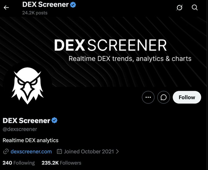 A Twitter/X profile page for DEX Screener (@dexscreener), a verified account with 235.2K followers providing 'Realtime DEX trends, analytics & charts,' joined October 2021.