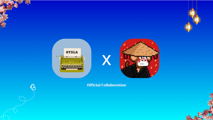 A promotional banner showing an 'Official Collaboration' between two NFT/character icons — one featuring a typewriter labeled '#TSLA' and another depicting a pixel-art figure in a straw hat — set against a blue background with cherry blossoms and lanterns.