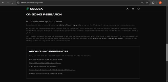 A dark-themed webpage for 'BELDEX' shows a section titled 'ONGOING RESEARCH' focused on 'Bulletproof-Based Age Verification' and includes an 'ARCHIVE AND REFERENCES' list.