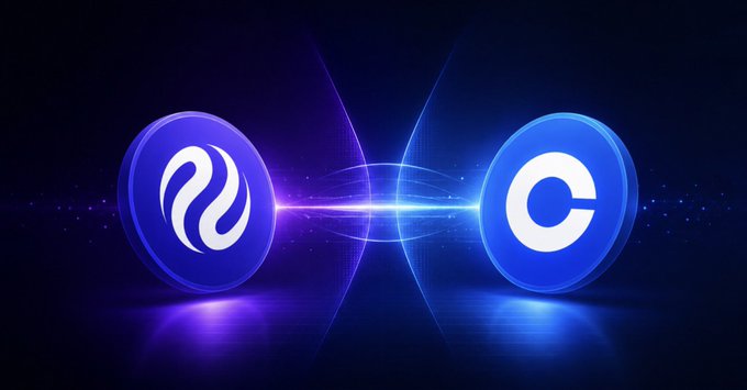 The image shows the Coinbase and Injective (INJ) logos side by side with glowing light effects between them, symbolizing their new connection and integration. It visually represents the mainnet migration announcement, highlighting the partnership between Coinbase and the Injective ecosystem.