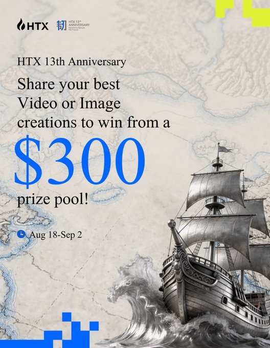 HTX is celebrating its 13th Anniversary with a contest where participants can win from a $300 prize pool by sharing their best video or image creations from August 18 to September 2. The image visually represents this promotion with a pirate ship sailing through stormy seas, symbolizing the journey and the potential rewards.