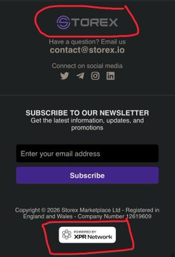 The image shows the footer of a website from Storex Marketplace Ltd, featuring a "TOREX" logo circled in red at the top, a newsletter subscription form, and a "Powered by XPR Network" badge circled in red at the bottom, with the company registered in England and Wales (Company Number 12919900). The post highlights XPR/Metal as a centralized technology for various global sectors, and the image supports this by showcasing the Torex project as a use case built on the XPR Network blockchain.