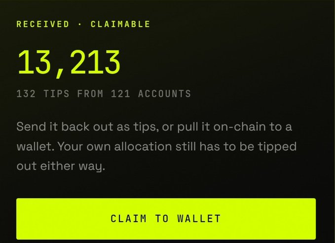 A dark screen with neon yellow text displaying 'RECEIVED • CLAIMABLE 13,213' from 132 tips across 121 accounts, with a 'CLAIM TO WALLET' button at the bottom.