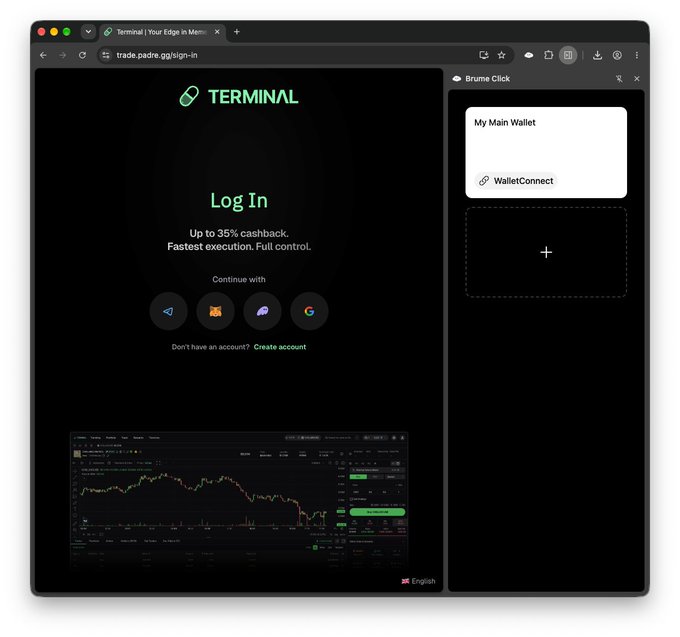 A screenshot of a web browser showing the Terminal crypto trading platform login page at trade.padre.gg/sign-in, advertising 'Up to 35% cashback' with login options for Telegram, Wallet, Phantom, and Google.