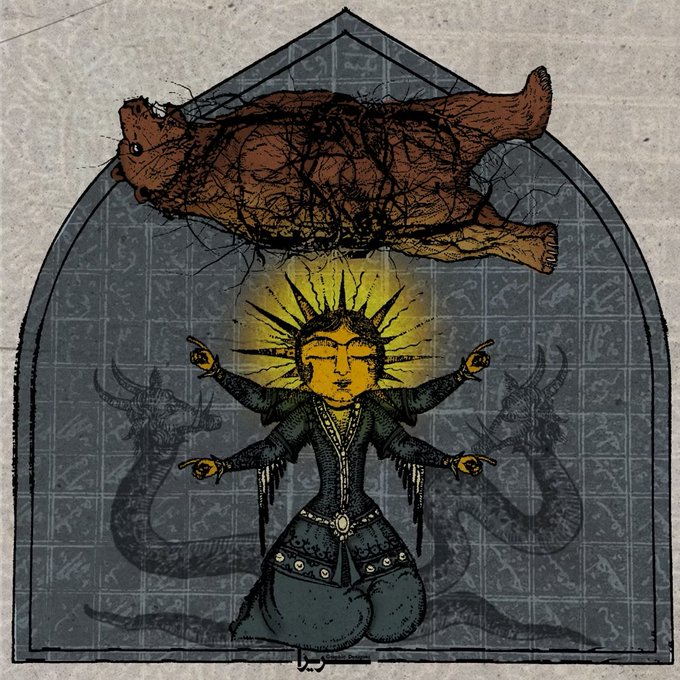An artistic illustration shows a multi-armed deity with a radiant sun-like headdress kneeling beneath a floating figure whose body is filled with dark, tangled lines, set against a gray arched background with serpent motifs.
