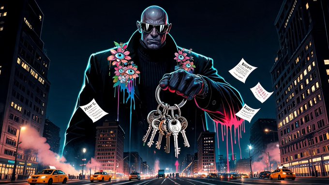 A towering, bald, sunglass-wearing figure in a dark coat adorned with pink flowers looms over a nighttime city street, clutching a large ring of keys with paint dripping down his hand while tickets flutter around him. The image visually reinforces the post's theme of "YOU HOLD THE KEY," symbolizing hidden control or behind-the-scenes power over urban systems, with the obscured "████" suggesting redacted or censored information.