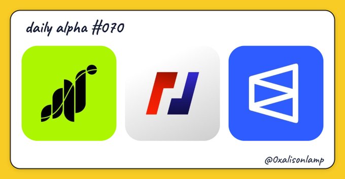 A graphic titled 'daily alpha #090' displays three app icons including a green leaf/plant icon and a blue icon with a white play symbol, credited to @0xalisonlamp.