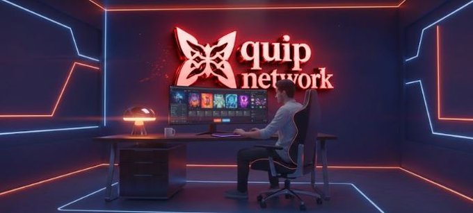 A gamer in an office chair plays games on a monitor in a neon-lit room featuring the "Quip Network" logo with a butterfly emblem on the wall, reflecting the post's discovery of the immersive world offered by the Quip Network project.