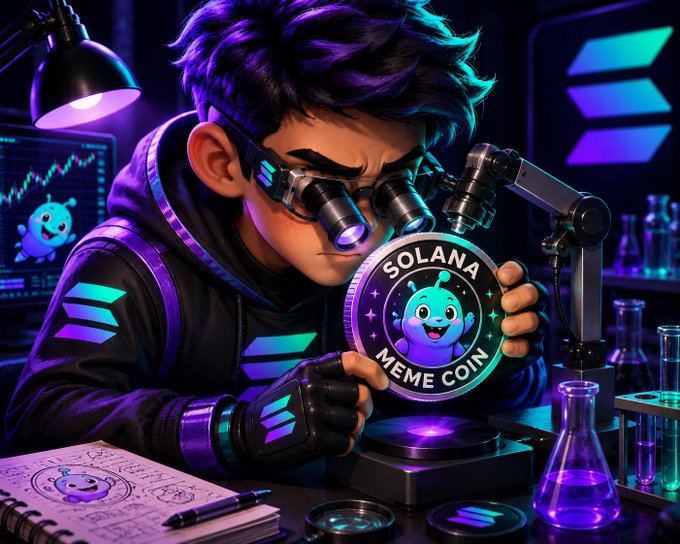 A vibrant digital illustration shows a young person with goggles examining a 'SOLANA MEME COIN' token under a microscope in a neon-lit laboratory setting.