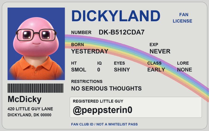 A humorous fan-made ID card for "McDicky" from DICKYLAND, featuring a 3D pink character with glasses and a rainbow arc.