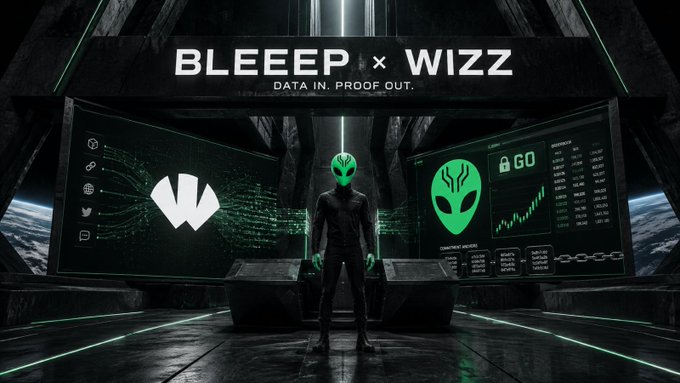 A futuristic sci-fi scene featuring a figure in a green alien mask standing before monitors displaying the logos 'BLEEEP' and 'WIZZZ' with the text 'DATA IN. PROOF OUT.'