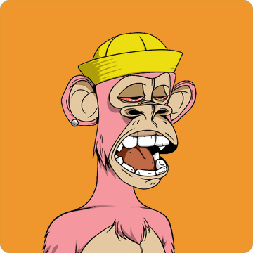A cartoonish pink monkey wearing a yellow cap laughs maniacally with its mouth wide open, set against a solid orange background. The stylized ape illustration serves as playful visual branding for the Bored Ape Yacht Club NFT collection referenced in the post, where Ape #2815 is being traded on OpenSea.