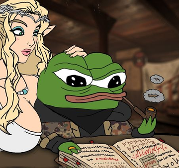 A cartoon illustration showing a green Pepe the Frog character dressed in dark clothing, smoking a pipe and writing in a book with red ink, while a stylized blonde elven woman stands closely behind him.