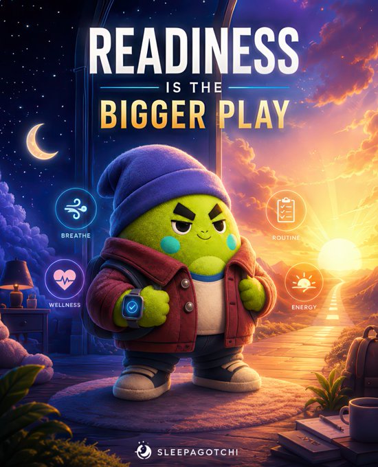 The image features a cartoon character, likely a green monster or robot, standing against a backdrop of a sunset with clouds. The character appears to be holding a book, which could symbolize knowledge or learning. The text "Readiness is the Bigger Play" suggests that the character's readiness for Web3 and its rewards lies in their ability to learn and adapt. The image also includes various symbols related to wellness, such as a heart, a cup of coffee, and a plant, reinforcing the idea that the character needs energy, awareness, timing, patience, and rhythm to succeed in Web3.