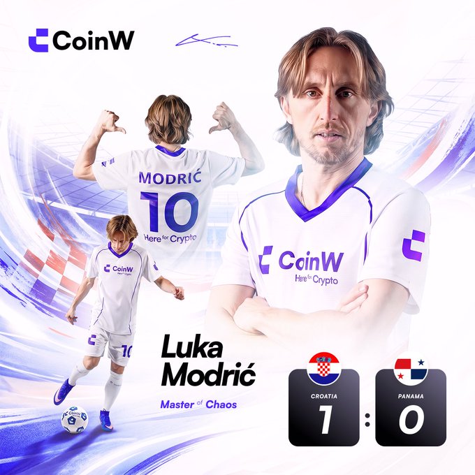 The image features a soccer player wearing a white jersey with the number 10 on it. The player is shown making a fist gesture, which is often associated with victory or triumph. The background of the image has a blue and purple color scheme, giving it an artistic and visually appealing look. In the bottom right corner of the image, there are two squares containing text related to the soccer match. One square displays the text "Croatia, won! With Modric, share the glorious moment." The other square shows the player's name, "Luka Modric," along with a number and a currency symbol indicating that the player is from Croatia and has won the match.