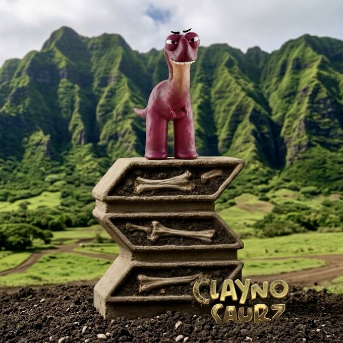 A digital artwork features a small, purple, cartoonish dinosaur figure standing on a stone pedestal with bones, set against a backdrop of lush green mountains, with the text 'CLAYNO SAURZ'.