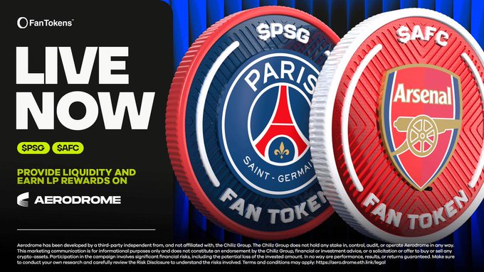 The image shows two football fan coins, each with different logos representing the Paris Saint Gement (PSG) and Arsenal Football Club. They are placed side by side against a blue background. The post displays a text that encourages people to trade these coins for a share of up to $10K in tokens or participate in an additional $5K bonus pool. Additionally, it mentions that fans can also receive buy up reward points on the fan tokens' website.