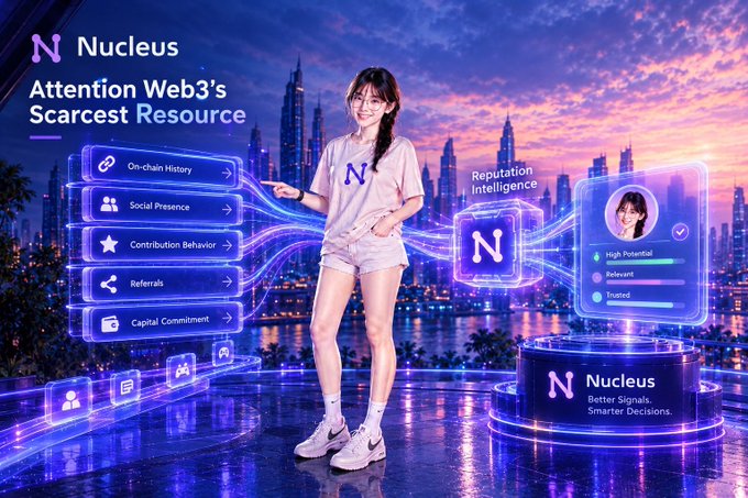 Promotional graphic for Nucleus, a Web3 attention/reputation platform, featuring a young woman standing before a futuristic cityscape with tags like 'On-chain History', 'Social Presence', 'Contribution Behavior', and 'Reputation Intelligence' beside a profile card reading 'Nucleus – Better Signals. Smarter Decisions.'