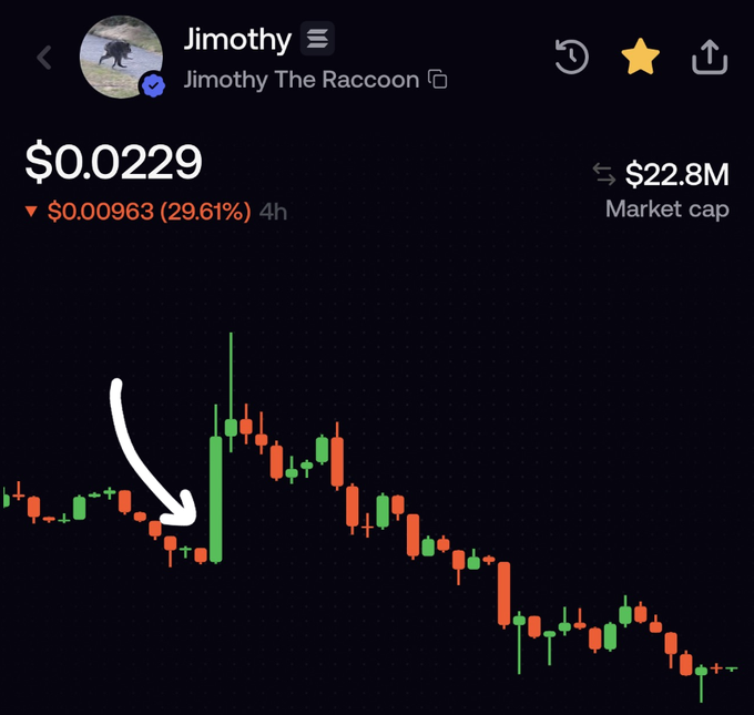A candlestick chart of the $Jimothy (Jimothy The Raccoon) token shows a price of $0.0229, down $0.00963 (29.61%) in the last 4 hours, with a market cap of $22.8M. A white arrow points to the peak of a sharp green pump-and-dump spike, illustrating how the entire White House post-driven rally has been erased.
