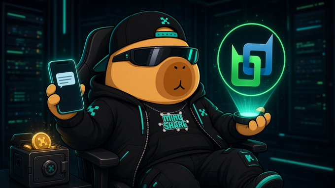 A cartoon bear character wearing sunglasses and a "DUMB SHARE" hoodie holds a phone displaying a chat message while projecting a glowing blue and green logo, with a small crate of gold coins beside it—visually representing the decentralized, identity-free messaging concept described in the post about BChat's Chat ID system operating through a masternode network.