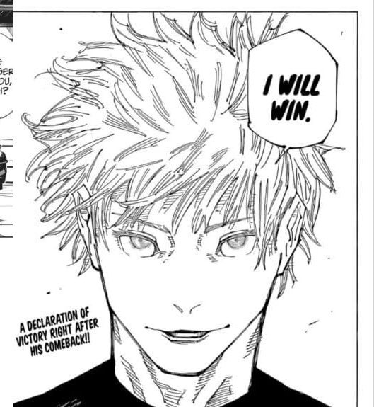 A black-and-white manga panel shows a determined young man with spiky hair declaring "I WILL WIN," accompanied by the caption "A DECLARATION OF VICTORY RIGHT AFTER HIS COMEBACK!!" The image captures a classic "GM" (good morning) sentiment by pairing the character's confident, comeback-themed dialogue with a victorious mindset—wishing readers a morning filled with determination and triumph.