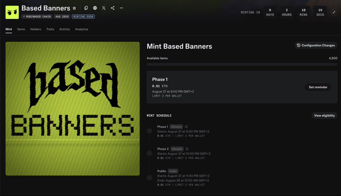 The image displays a NFT minting page for "Based Banners," a Robinhood Chain collection with 4,200 available items, featuring a countdown to a public mint scheduled to start on August 27 at 8:00 PM GMT+2, aligning with the post announcing a live wallet checker for the collection on OpenSea.