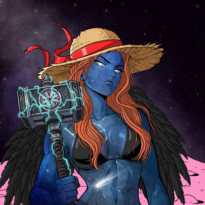 An illustration of a blue-skinned female warrior with long red hair, wearing a straw hat and wielding a glowing, electrified hammer resembling Thor's Mjolnir against a cosmic starry background.